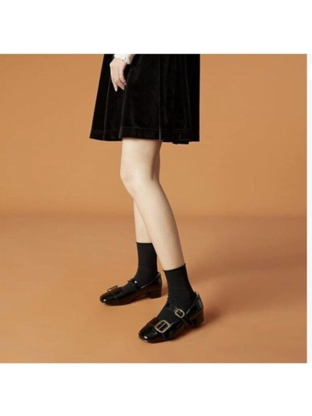 YDN Black Square Toe Block Low Heel Mary Janes Double Buckle Strap Penny Loafers